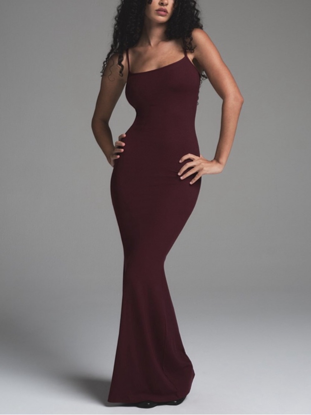 SKIMS Burgundy Maxi Slip Dress with Thin Straps
